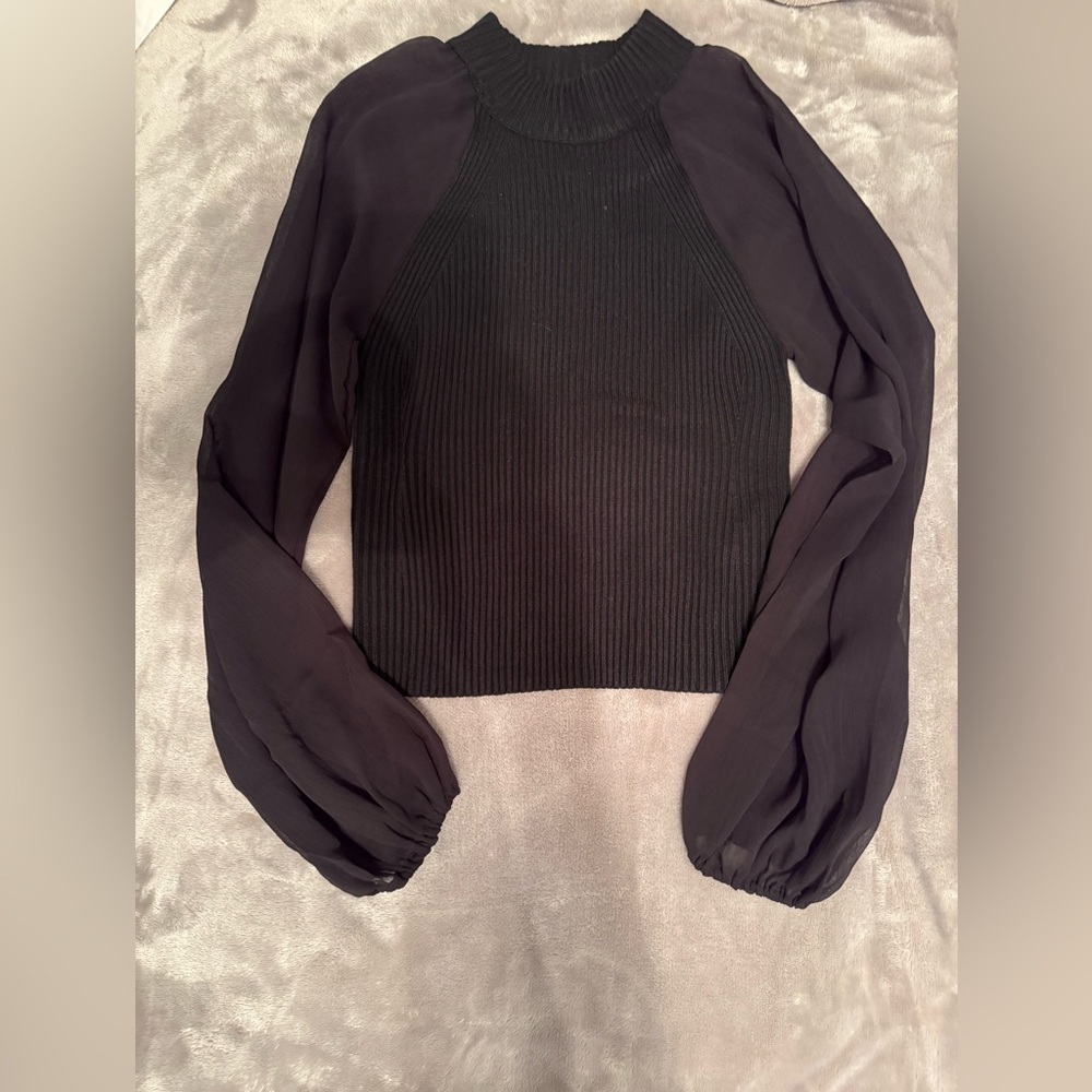French Connection Ribbed Top with Chiffon Sleeves